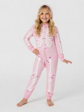 Cat & Jack Pink Hooded Skeleton Print Kids One-Piece Pajama